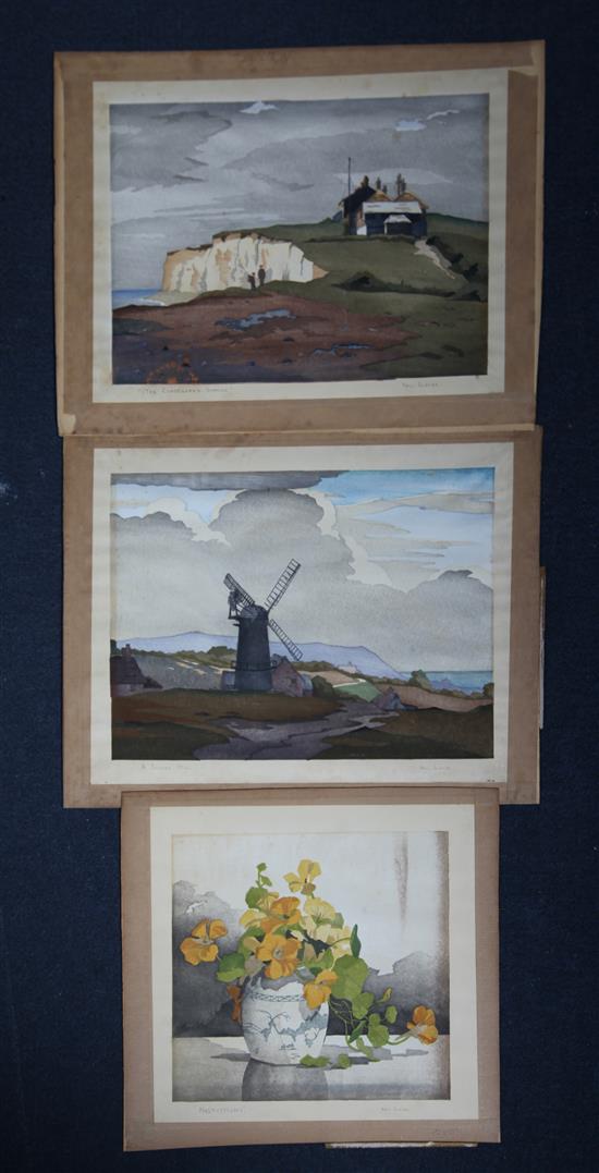 Eric Slater (1896-?) The Coastguard Station, Nasturtiums and A Sussex mill, largest 10.5 x 14in., unframed